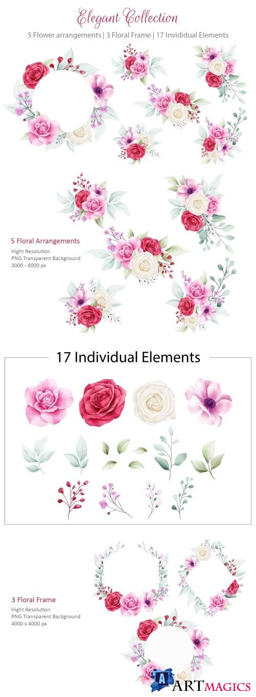 Elegant Watercolor Flowers Bouquet and Frame Collection - 312689