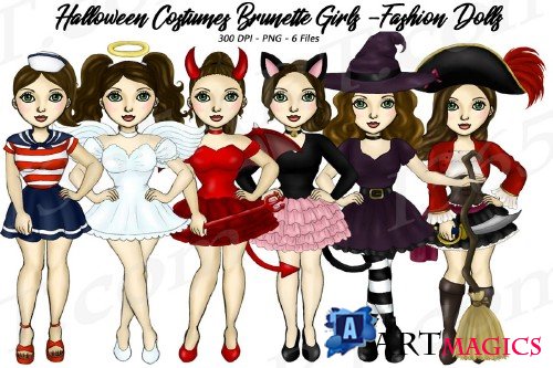 Halloween Girls Fashion Clipart, Costume Brunette Graphics - 323002