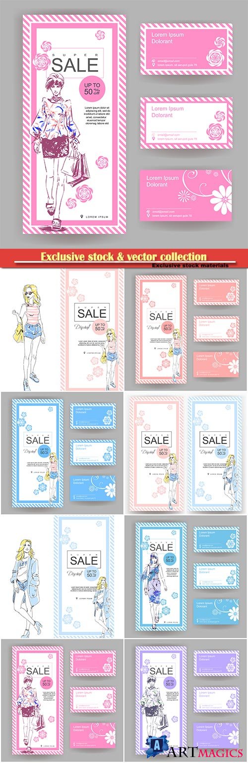 Layout for a big sale in fashion shop with business card, drawn fashion elegant girl in stylish clothes