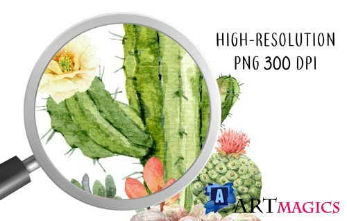 Watercolor Succulents, Cacti and Pot - 3654392
