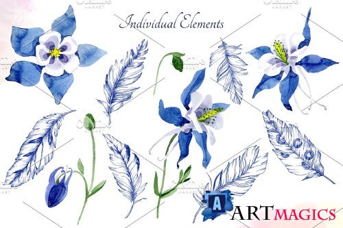 Watercolor flower Aquilegia blue - 4119295