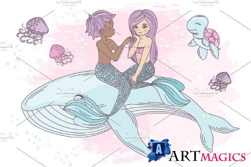 Mermaid in Love Illustration Set - 3383689