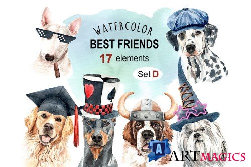 Dog watercolor clipart, Pet clip arts, Dog Set D - 349839