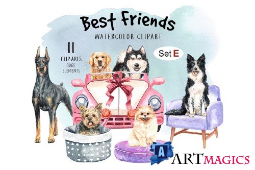 Dog clip art, Watercolor painting dog and toy set E - 352457