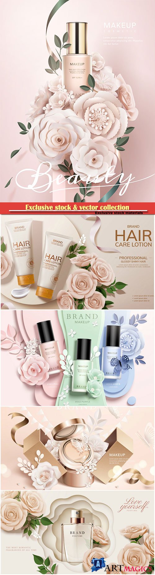 Cosmetic set ads with paper flowers in 3d illustration # 2