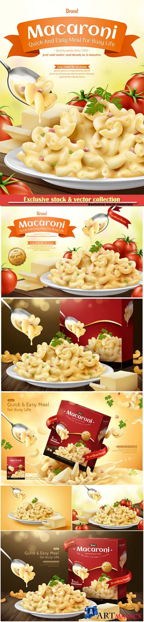 Delicious macaroni ads with cheese sauce and tomatoesin 3d illustration
