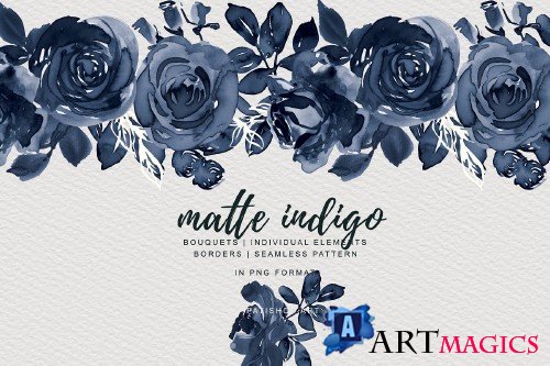 Matte Indigo Watercolor Rose Clipart - 4141249