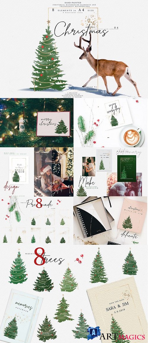 Christmas Watercolor Tree cards collection 04 - 352752