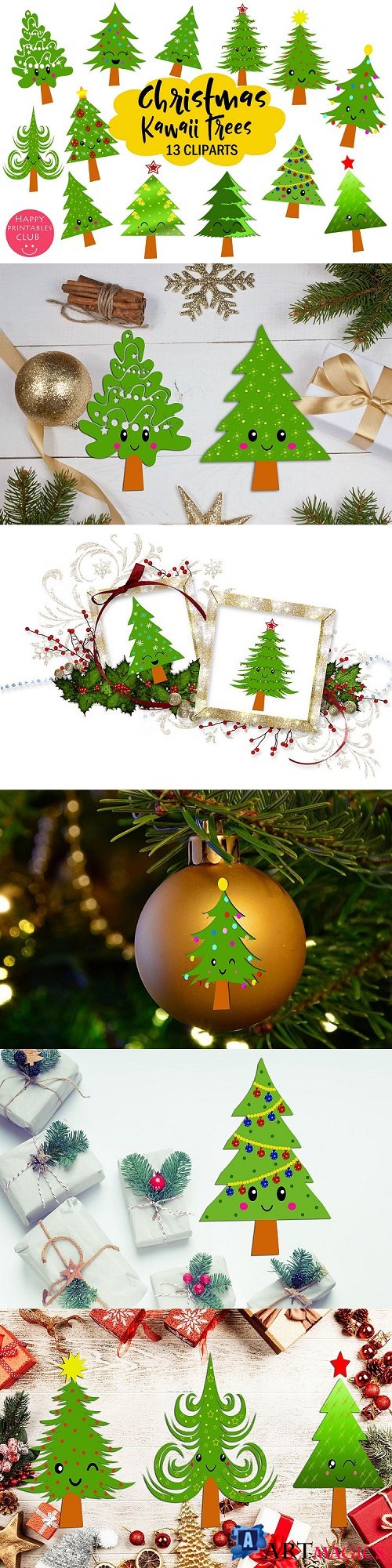Cute Kawaii Christmas Trees Clipart- Xmas Trees Clipart - 358579