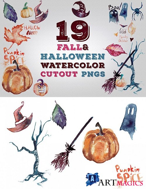19 Fall and Halloween Watercolor Transparent Graphics Pngs - 359471