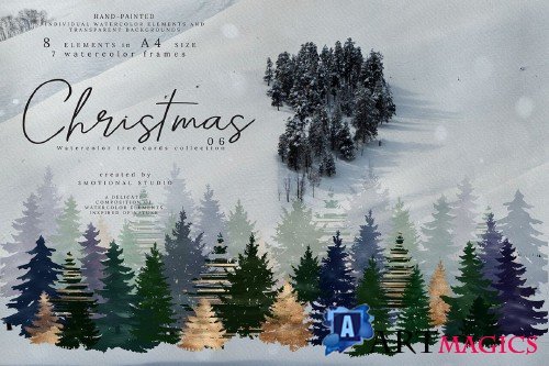Christmas Watercolor Tree cards collection 06 high res png - 361134