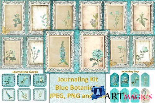 Journaling Kit Blue Botanicals with free ephemera & clipart - 356313