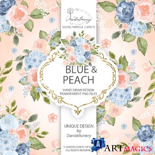 Watercolor Blue Peach design and digital paper pack