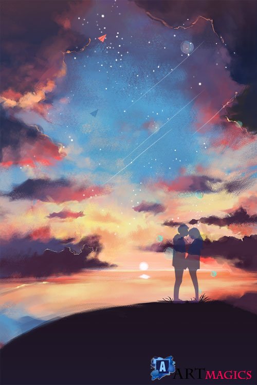 Loving couple on a background of the starry sky
