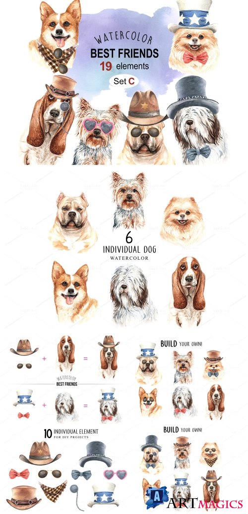 Dog watercolor. Pet clipart Set C - 364848