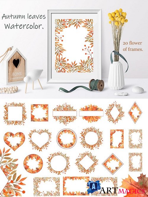 Frames with autumn leaves. Watercolor illustrations - 366927