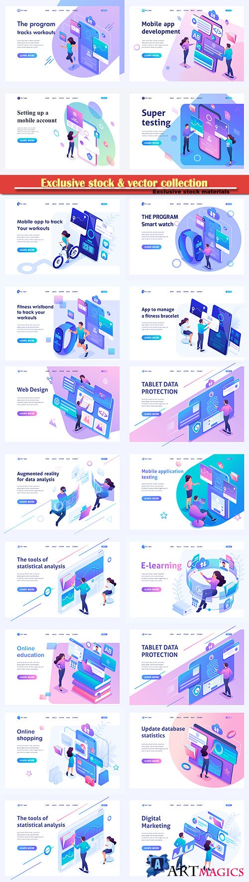 Set isometric landing pages, concept mobile application testing