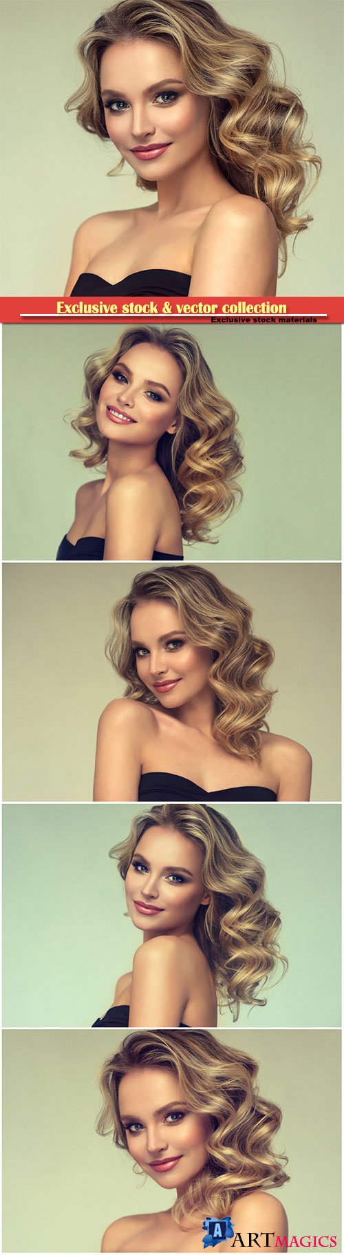 Pretty blond-haired model with middle length curly, loose hairstyle and attractive makeup
