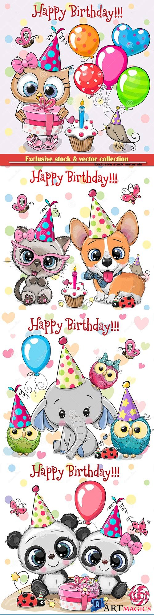 Birthday card with cute animals with balloon and bonnets