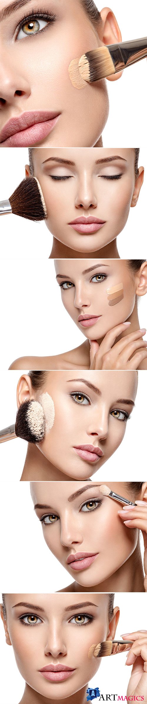 Woman applying liquid tonal foundation on the face