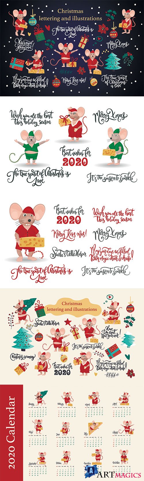 Christmas greeting illustrations with cute mice, decorations and lettering quotes