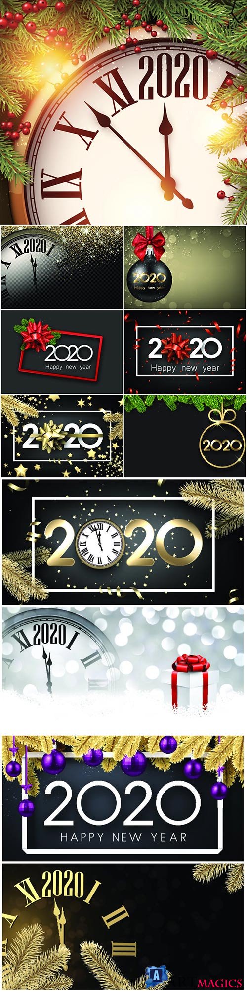 Happy New Year 2020 card with fir branches and Christmas balls
