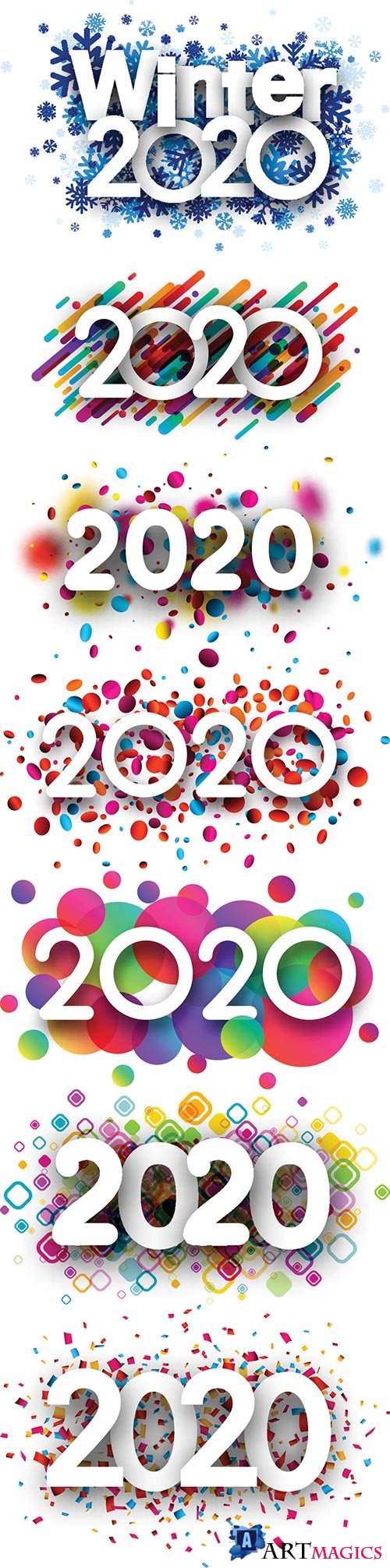 2020 new year sign with colorful round confetti on white 
