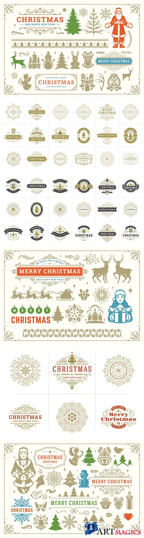 Christmas vector decoration symbols, ornate vignettes and icons