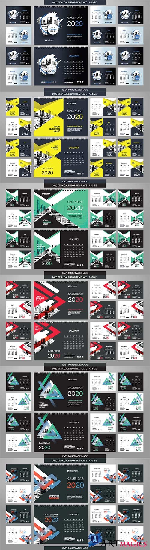 Desk Calendar 2020 template - 12 months included - A5