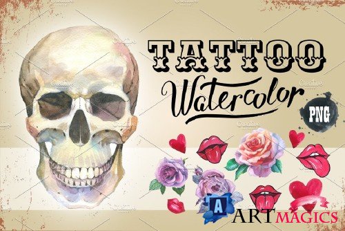Tattoo PNG watercolor set skull - 930190