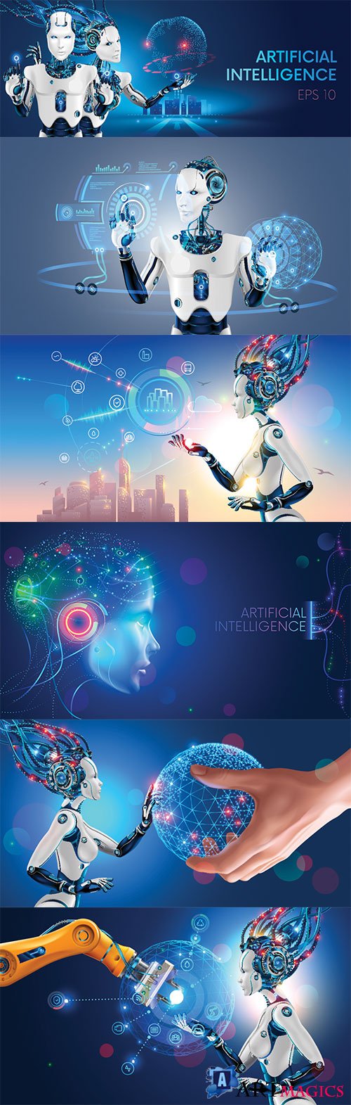 Robots man and woman with artificial intelligence working with virtual interface in cybernetic reality, 3d vector illustration