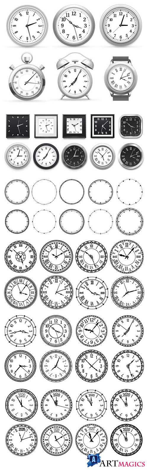 Realistic clock, modern white round wall clocks, black watch face and time watch 