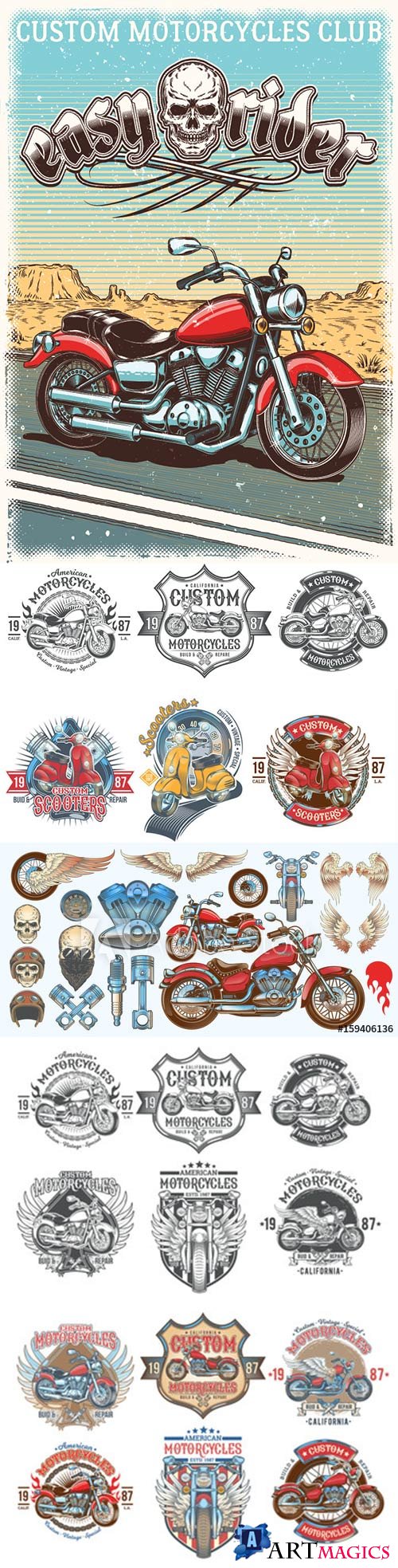 Set vector color illustrations, icons of hand-drawn vintage motorcycle in various angles, skulls, wings