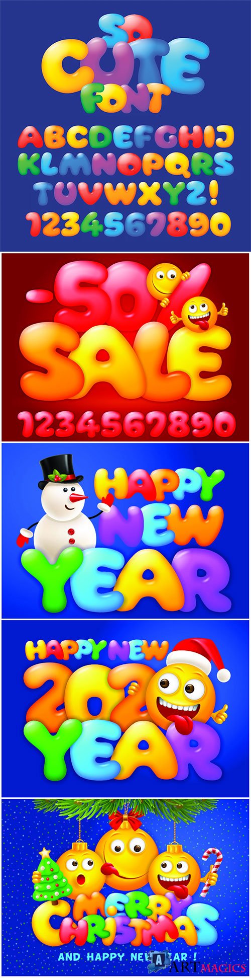 Vector set of multicolored and cheerful cartoon letters and numbers