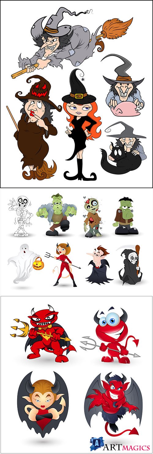 Detailed Halloween characters illustration set in vector