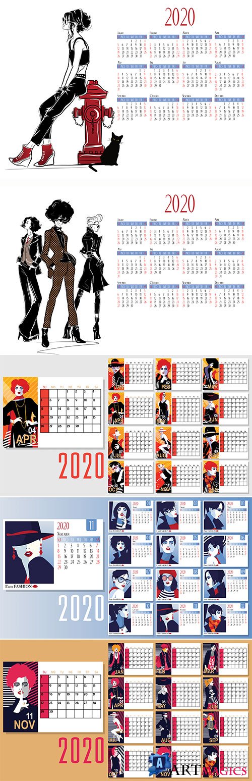 Vector of 2020 new year calendar with fashion women in style pop