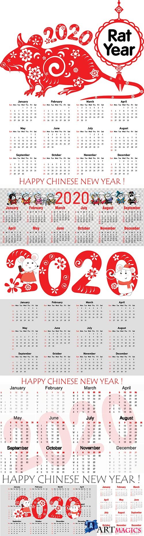 Rat year 2020 vector calendar
