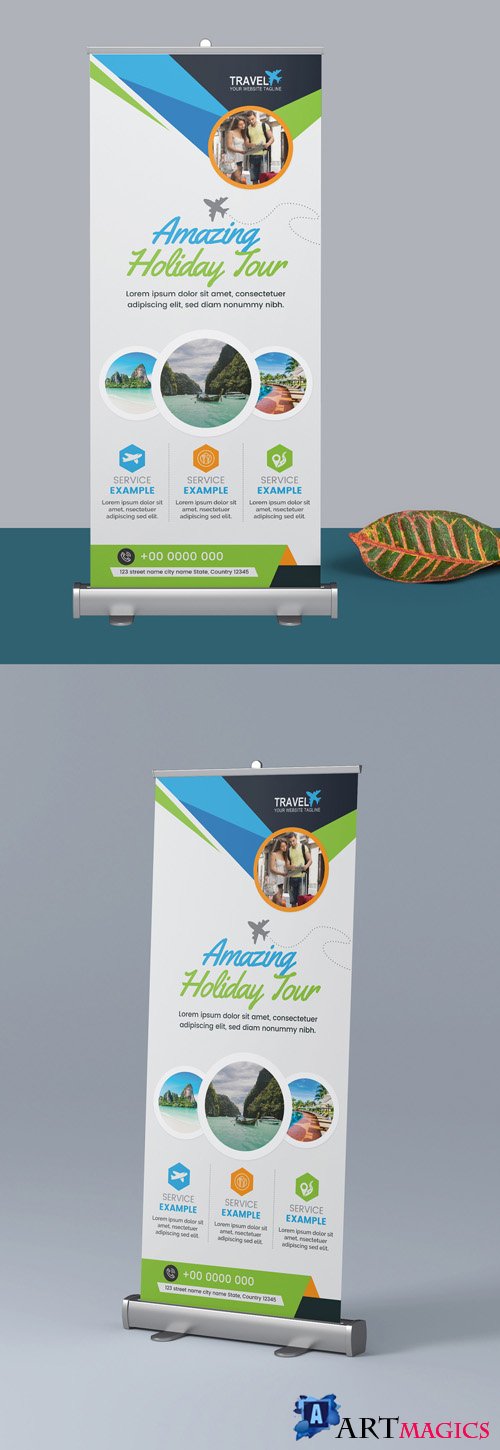 Roll Up Banner Layout with Blue and Green Elements 298079041