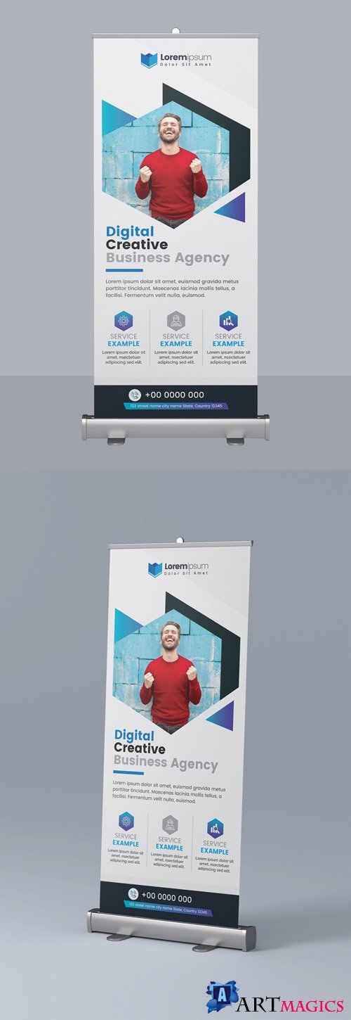 Roll Up Banner with Blue Geometric Photo Elements 295382528