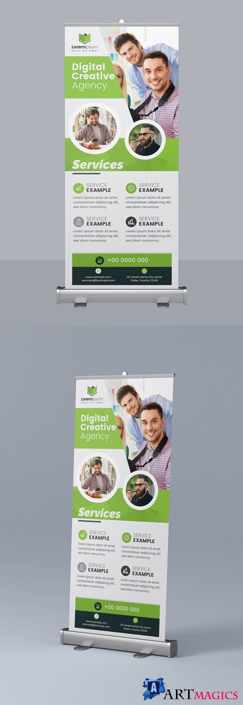 Green Roll Up Banner with Circular Photo Elements 295382665
