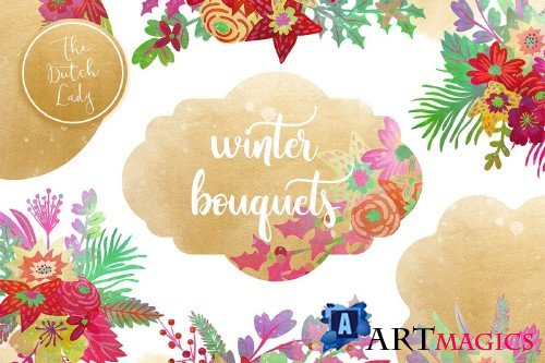 Winter Bouquet & Label Clipart Set - 4241867