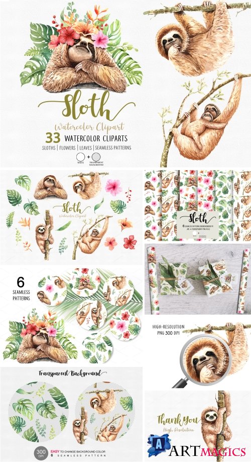 Sloth. Animals watercolor cliparts - 374075