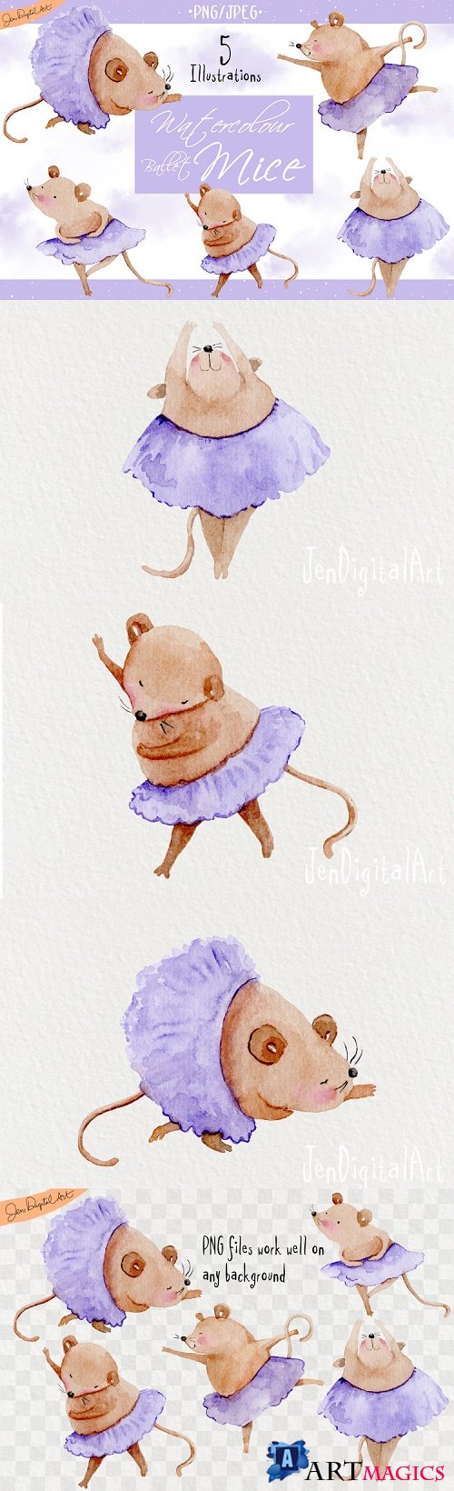 Watercolor Ballet Mice | 5 Clip Art Illustrations - 377263