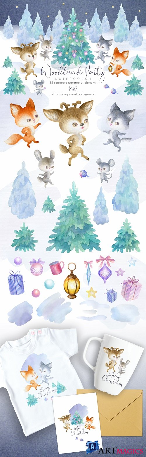 Woodland party. Watercolor Christmas set - 368198