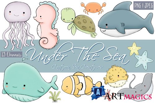 Under The Sea | Cartoon Sea Creatures | 13 Clip Art Elements - 371862