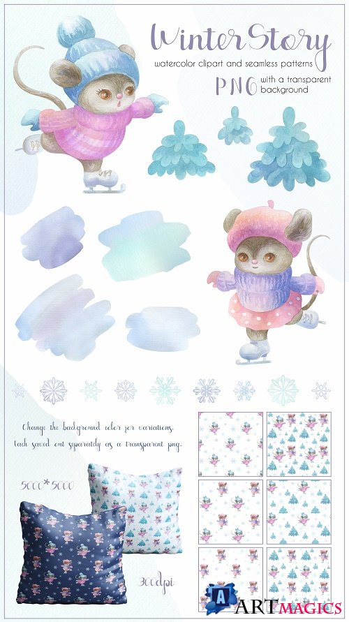 Winter story. Cute little mice. Watercolor set - 366359