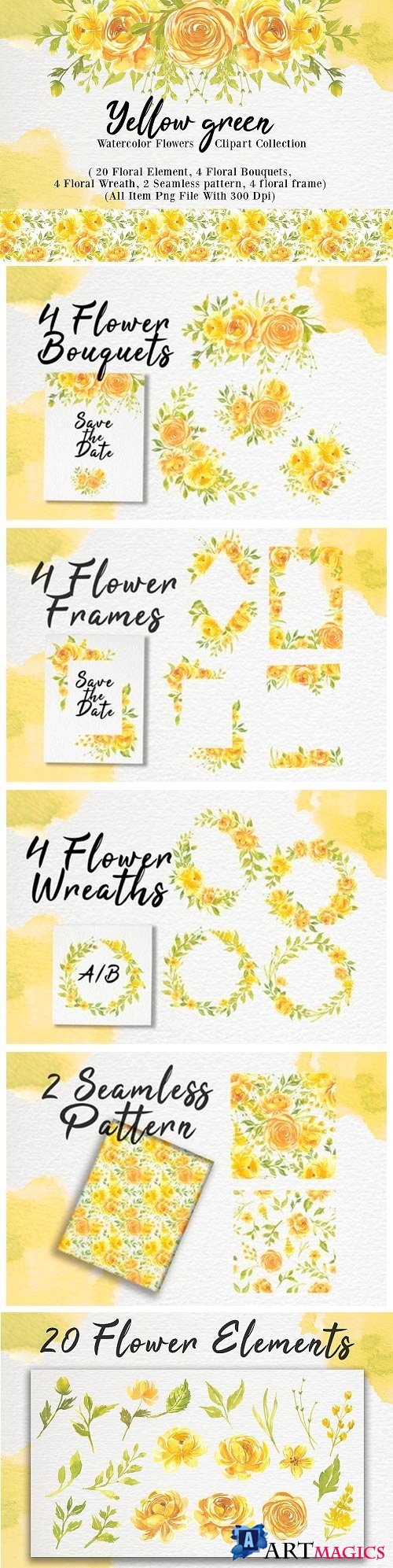 Yellow flower watercolor clip-art - 367360