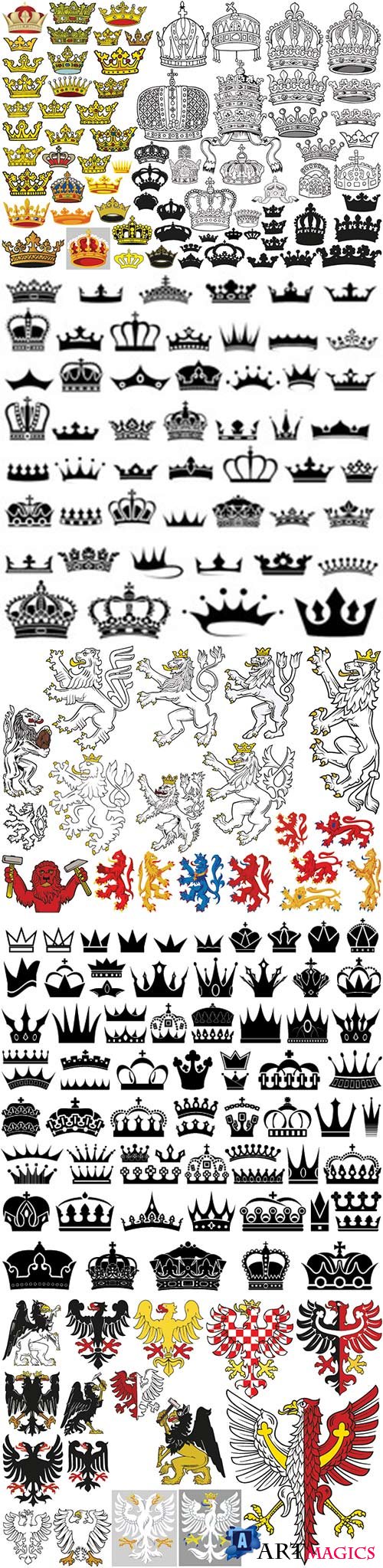 Big set of heraldic crowns in colored illustrations
