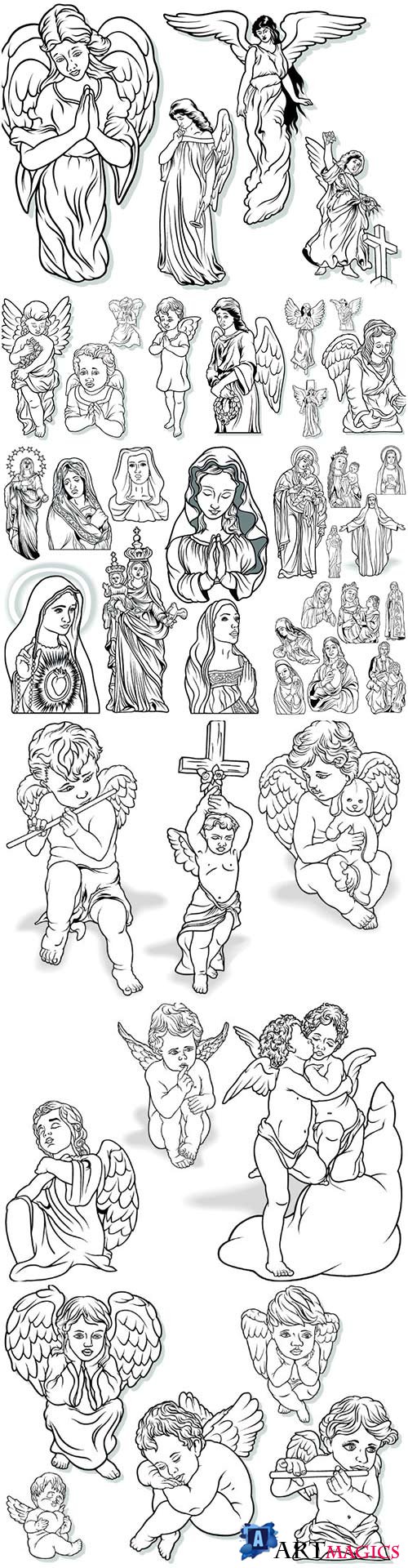 Angel set, Virgin Mary vector illustrations 