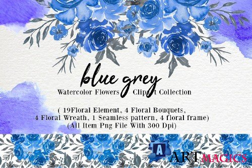 Blue Grey Watercolor Flower Clip-art - 373269